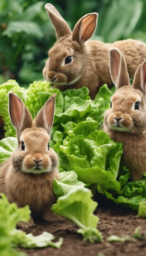 Yemyeşil bir sebze bahçesinde bir marulun yanına yuvalanmış kabarık kahverengi tavşanlardan oluşan bir aile.