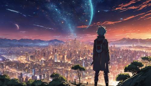 Un protagonista de anime de pie en la cima de una colina con vistas a una ciudad futurista bajo el cielo nocturno estrellado.