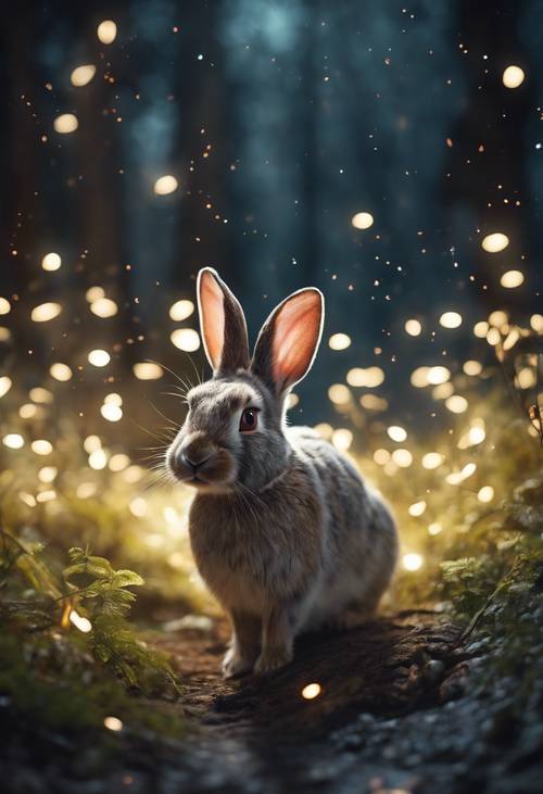 Une illustration éthérée d’un lapin dans une forêt au clair de lune, entouré de lucioles rougeoyantes.
