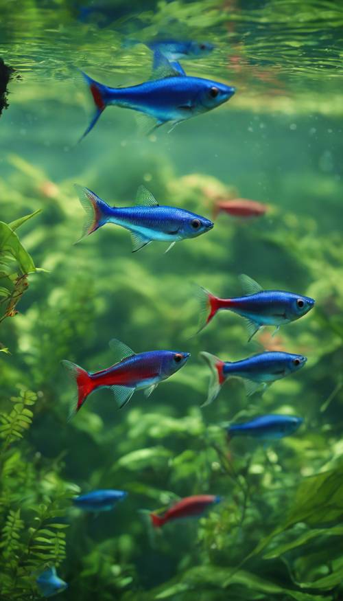 A tranquil scene of a school of neon tetras cutting through the murky green waters of a heavily vegetated tropical freshwater creek.