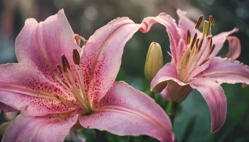 ดอกลิลลี่สีชมพูสองดอกพันกันเป็นสัญลักษณ์ของความผูกพันอันแสนโรแมนติก