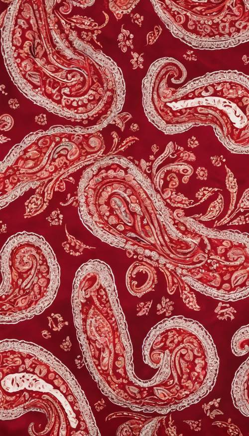 Un vivace motivo paisley rosso ciliegia che vortica su un tessuto di seta.