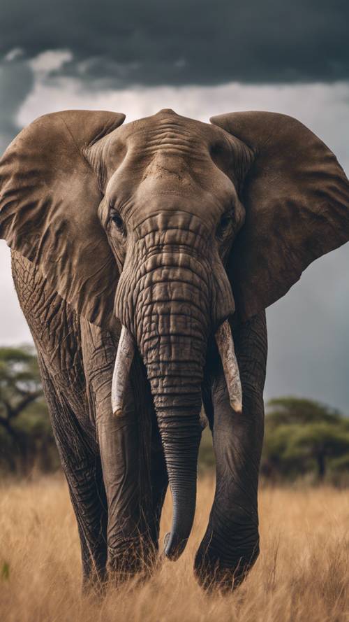 فيل أفريقي يقف شامخًا في السافانا، وهناك عاصفة تختمر في الخلفية.