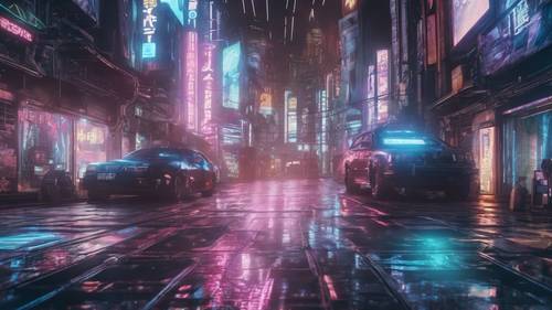 Scena di una città cyberpunk con una citazione anime olografica proiettata sulle strade.