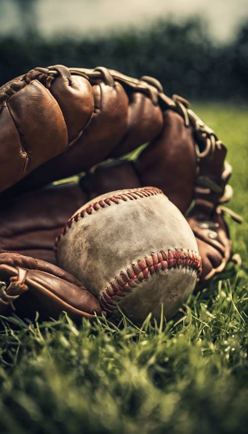 Gambar close-up dari softball lapuk dan sarung tangan di rumput yang baru dipotong.