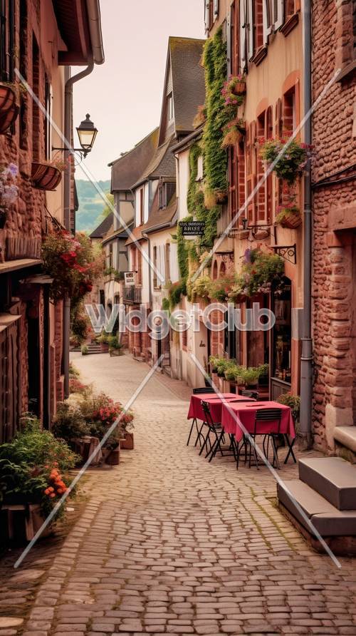 Charmosa rua europeia com cafés e flores
