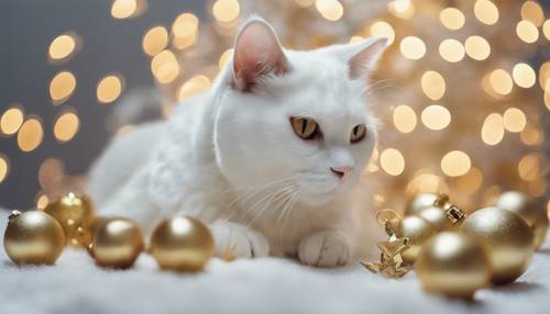 Um gato branco brincando com enfeites de Natal dourados