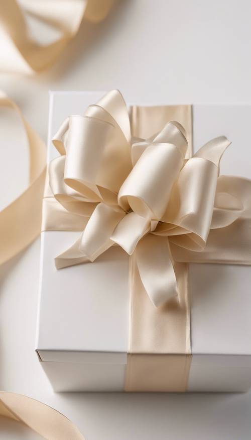 Ein cremefarbenes Seidenband, das zu einer perfekten Schleife auf einer weißen Geschenkbox gebunden ist.