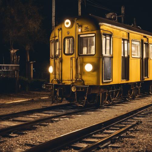 An old train with yellow windows brightly lit, barreling down black tracks at night.