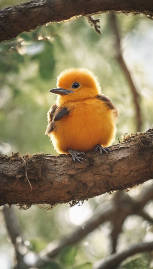 높은 나뭇가지에 있는 아늑한 둥지에서 아기 오렌지색 새가 엿보고 있습니다.