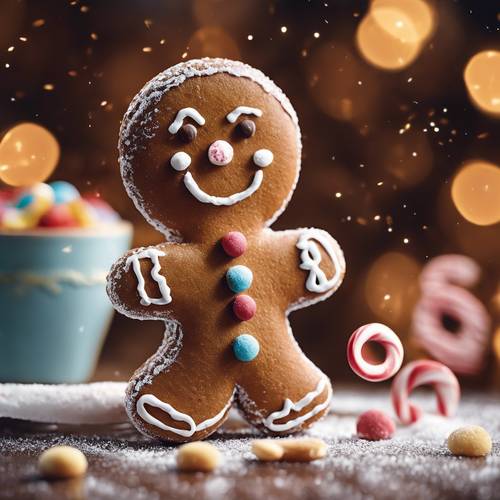 Ein festlicher, brauner Lebkuchenmann mit einem breiten Lächeln aus Puderzucker und Bonbonknöpfen.