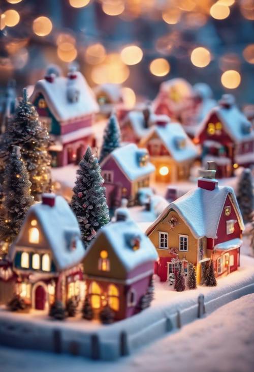 Un pueblo navideño cubierto de nieve con casas de colores dulces y luces brillantes.