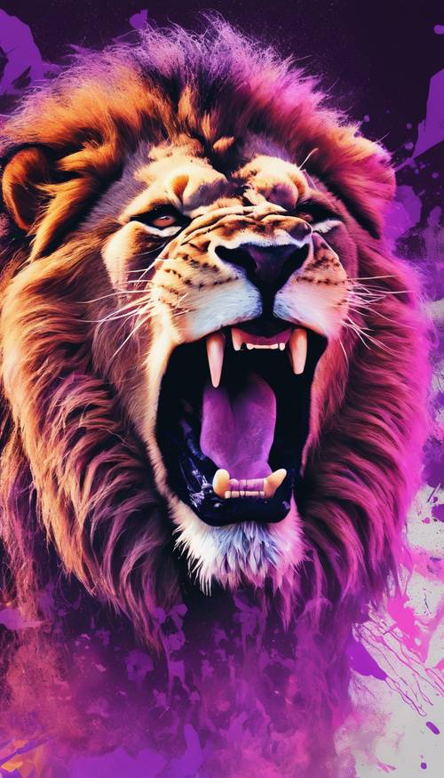 A graffiti-styled illustration of a roaring lion, portrayed in vibrant shades of purple. Tapeta [b5913995be2a4ab995ea]