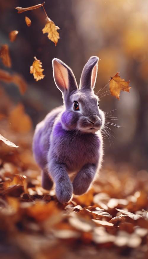 Seekor kelinci ungu kecil yang lucu dengan mata berkilau, berlari melewati dedaunan musim gugur yang berguguran.