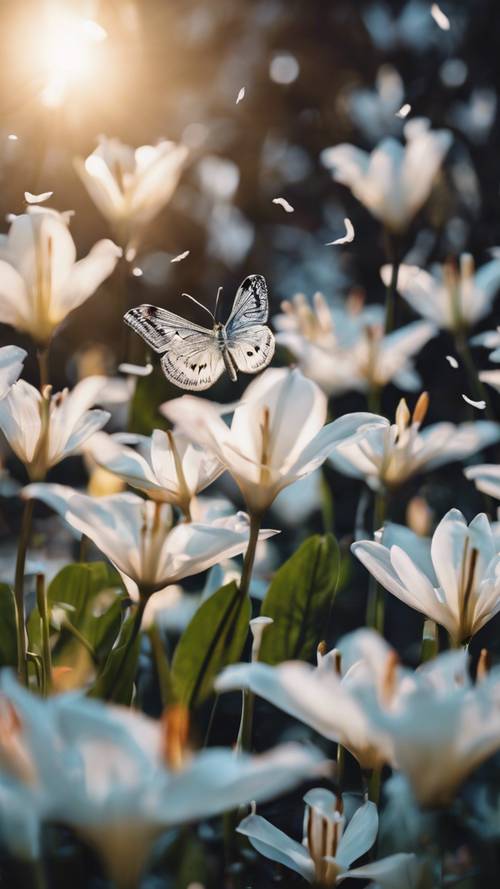 月蛾聚集在闪闪发光的白色百合花周围，呈现出一幅迷人的夜景。