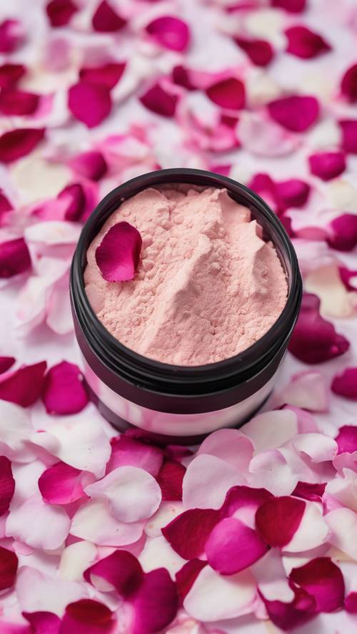 A beautiful image of white and pink setting powder sitting upon colorful rose petals.
