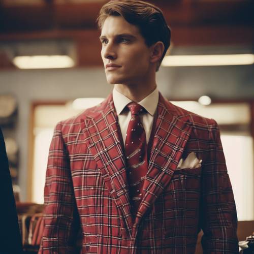 Red, checkered tie, draped over a preppy blazer at a vintage store.