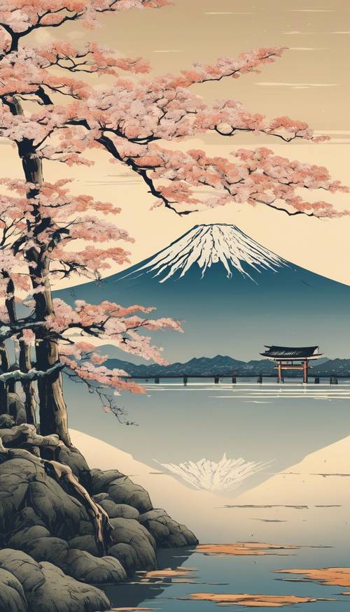 Ein klassisches japanisches Ukiyo-e mit dem Fuji.