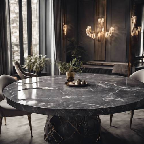 Mesa de jantar circular feita em mármore cinza escuro, emitindo uma vibração luxuosamente chique.
