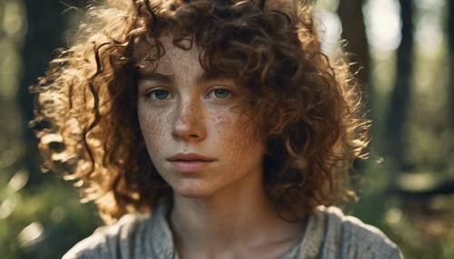 Um retrato iluminado pelo sol de uma garota tímida com sardas e cabelos crespos em um ambiente de floresta.