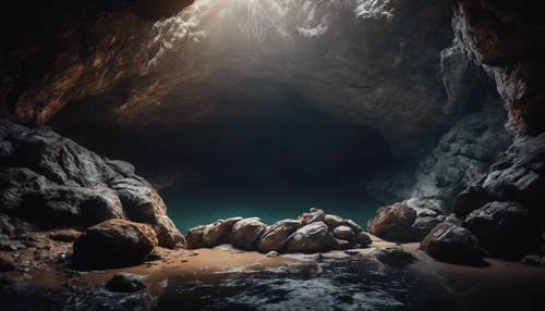A calming view of a dark, secluded mountain cave.