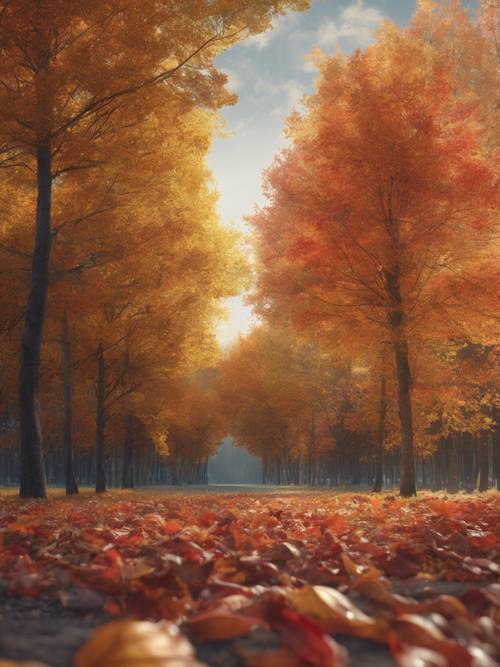 A flat plain transforming into a natural canvas, painted with the radiant hues of autumn leaves