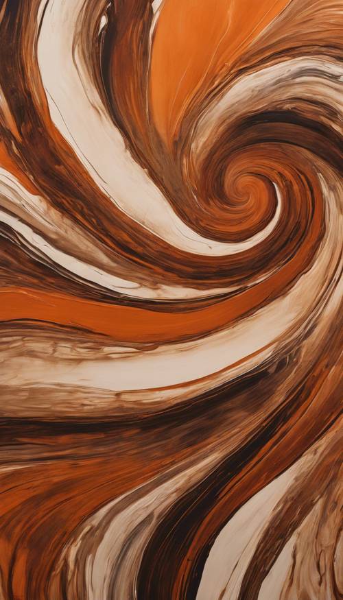 Un dipinto astratto che utilizza motivi vorticosi di arancione bruciato e marrone terra.