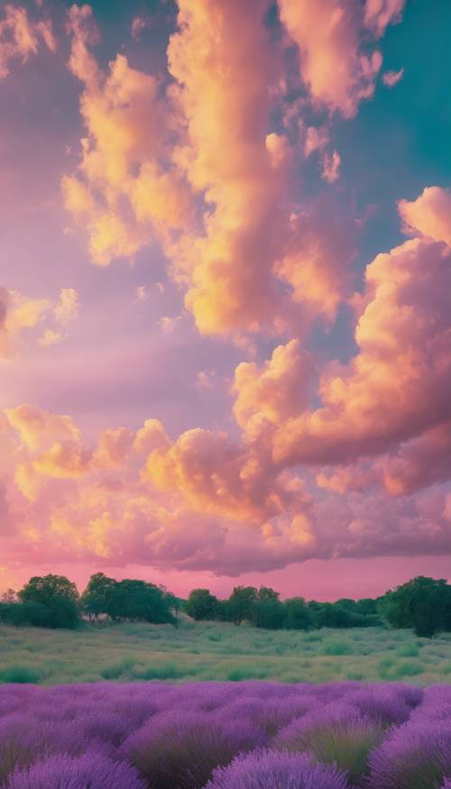 Un rassemblement de nuages ​​jaune pastel, rose et lavande sur fond de coucher de soleil bleu sarcelle.