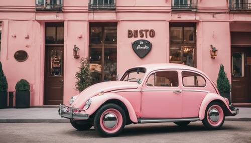 Coche Beetle rosa vintage estacionado frente a un lindo bistró con un letrero en forma de corazón