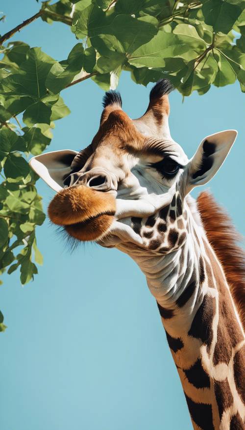 Nahaufnahme einer Giraffe, die auf grünen Blättern in einer Baumkrone kaut, mit dem blauen Himmel im Hintergrund.