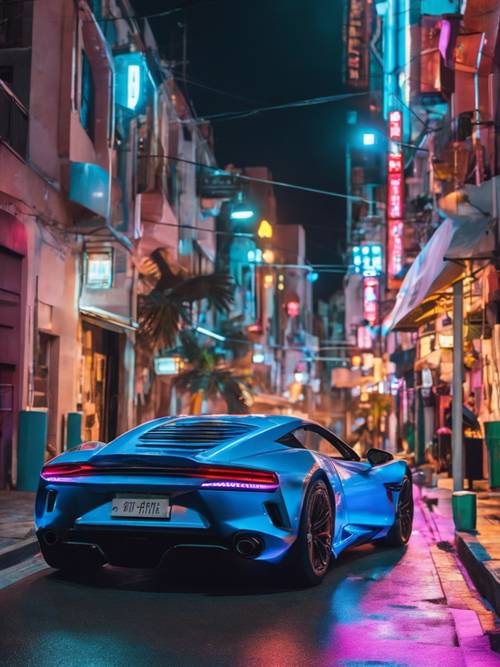 Un auto deportivo azul Y2K corriendo por calles iluminadas con luces de neón por la noche.