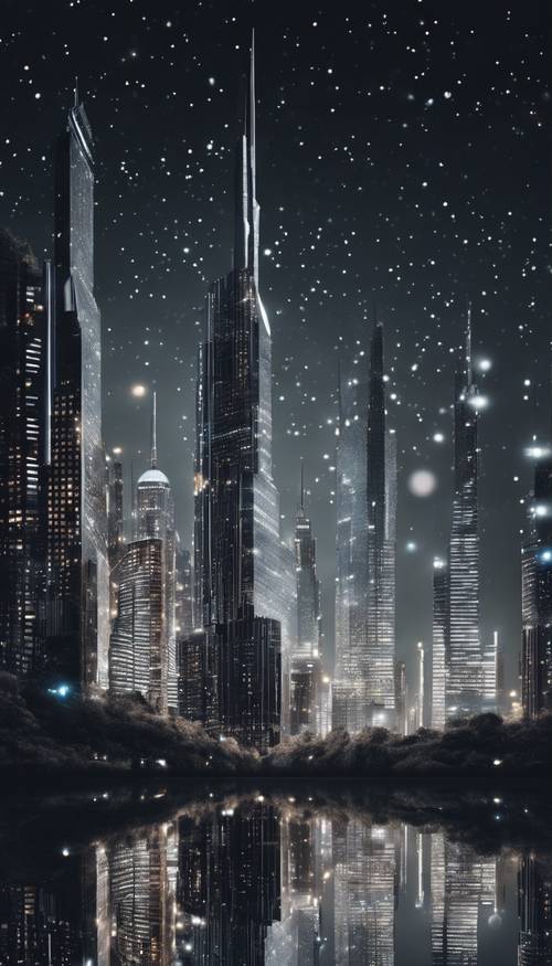 A futuristic cityscape under a dark, starry night, with silver skyscrapers uniformly arranged, reflecting the faint moonlight, encapsulating a Black Mirror-like aesthetic. Tapet [f666f058dd7348c28ff3]