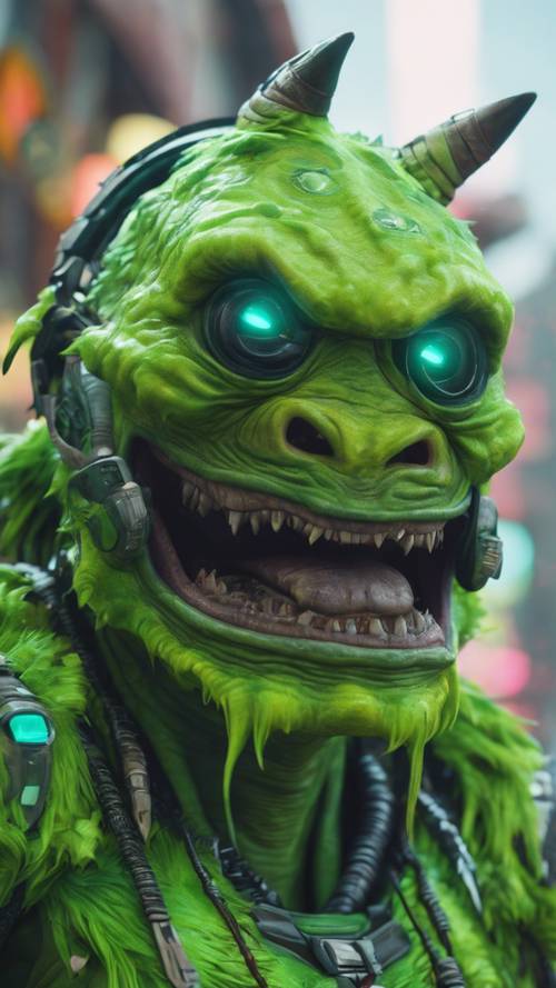 Un avatar de monstre vert fluo dans un jeu vidéo populaire