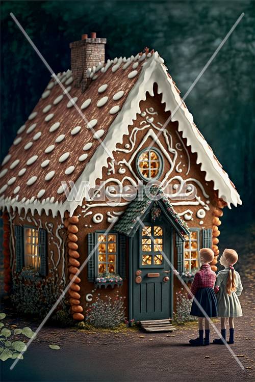 Enchanted Gingerbread House with Children Enjoying the View