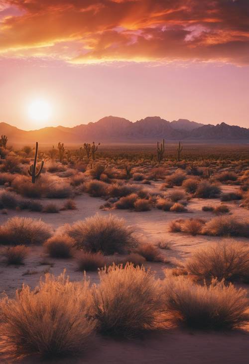 A southwestern landscape, featuring vibrant boho colors reflecting off of a sunset over a desert