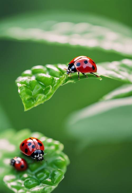 A group of cute red ladybugs on a vibrant green leaf.