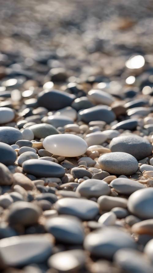 Close-up of pebbles on a beach, ranging from pearlescent white to slate gray, with a soft-focus on the outskirts.
