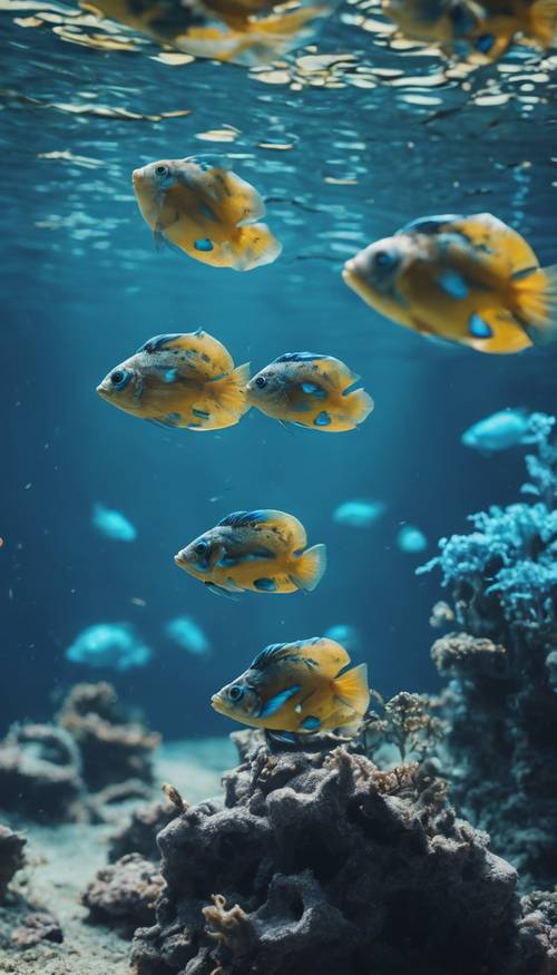 Scena subacquea tropicale con diversi pesci blu elettrici che esplorano una nave affondata.