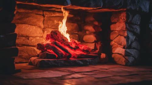 Eine lodernde neonrote Flamme in einem Steinkamin, die dramatische Schatten in eine gemütliche Hütte wirft.