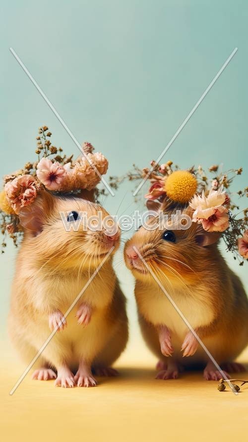 かわいらしい花冠をつけた2匹のネズミ