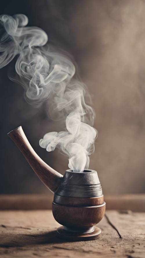 Gray smoke spiraling from a vintage wooden pipe.