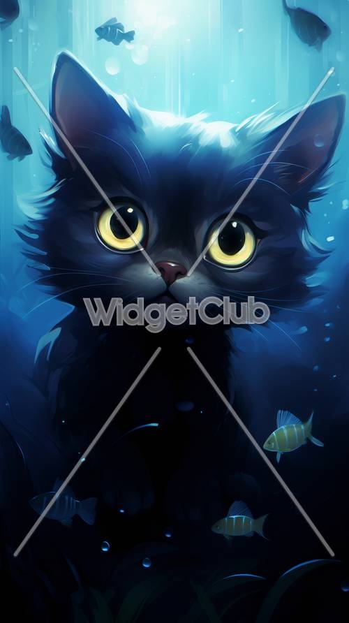 Cute Black Cat and Fish Illustration Tapet[b5bbe6747817406a9a4c]