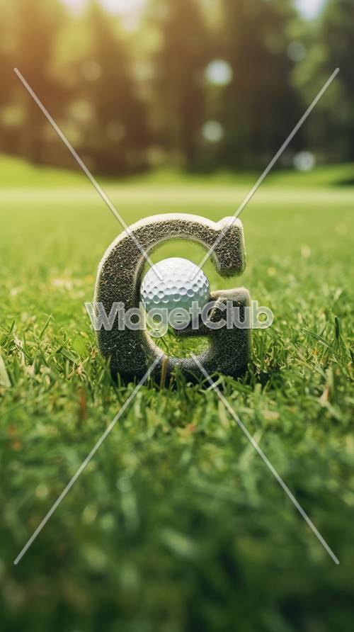 Мяч для гольфа и буква G на зеленой траве