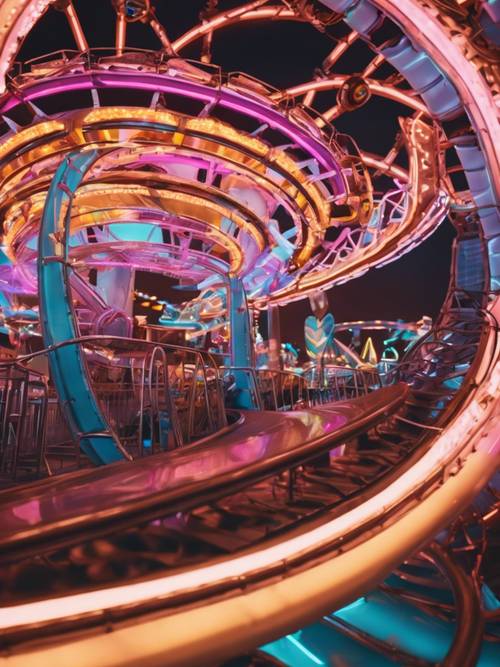 A metallic Y2K themed rollercoaster spiraling amidst glowing neon signs in a futuristic amusement park.
