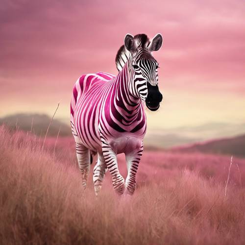 Uma zebra rosa triunfante no topo de uma colina, com o vento balançando a grama alta.
