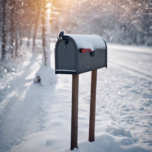 A snow-covered mailbox standing by the side of a road, with undisturbed snow all around it.