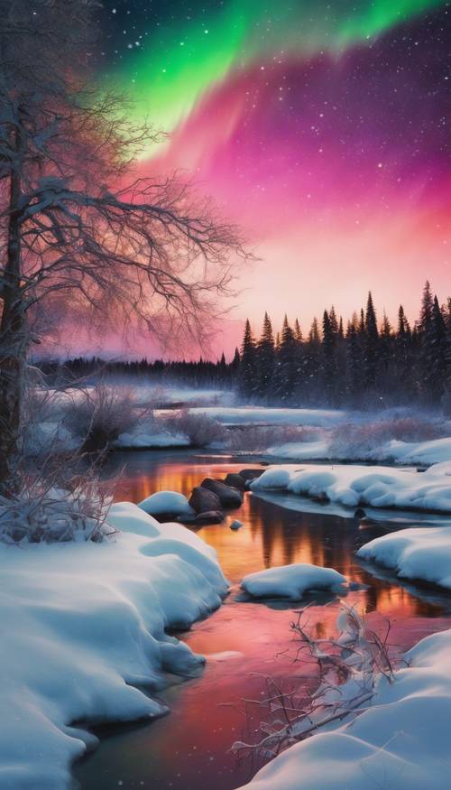 A magical scene of northern lights painting the sky with dancing colors over a snowy landscape.