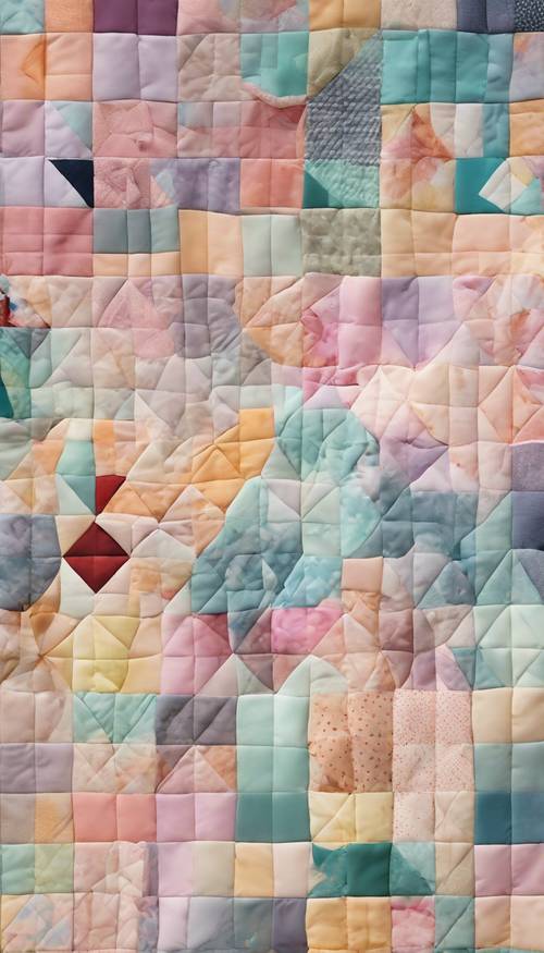 Um padrão de colcha feito de formas geométricas, cada uma decorada com diferentes tons de cores pastel.