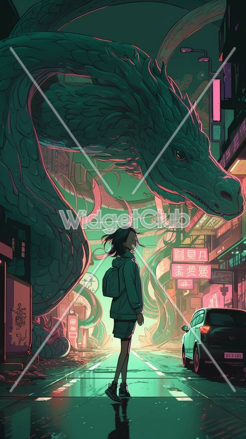 Dragon et fille dans les lumières de la ville au néon