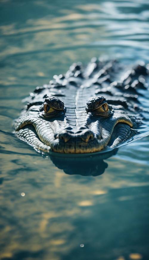 A blue crocodile partially submerged in clear water, its eyes alert and peeking above the water surface. Ფონი [3e0c76fae84e49408881]